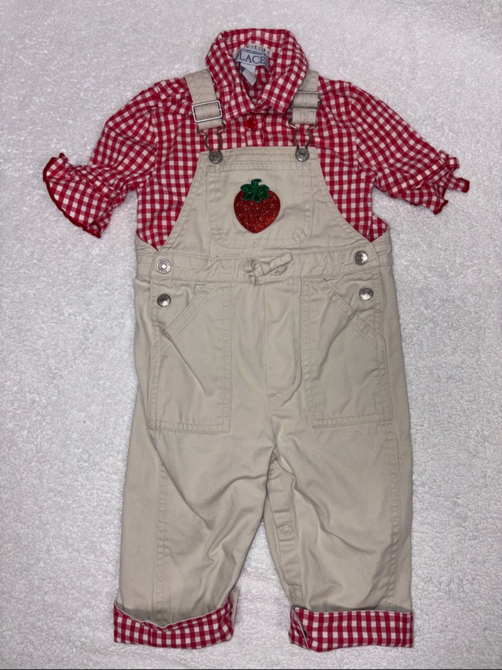 The Children's Place Red Gingham Shirt khaki Overalls - Strawberry Patch 6/9m